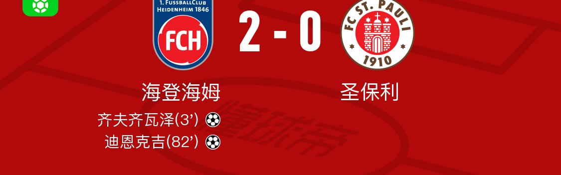 海登海姆2-0圣保利，齐夫齐瓦泽建功，迪恩克吉锦上添花